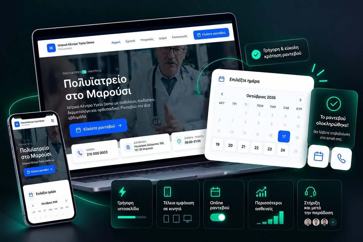 Ιστοσελίδα ιατρικού κέντρου με online ραντεβού σε υπολογιστή και κινητό