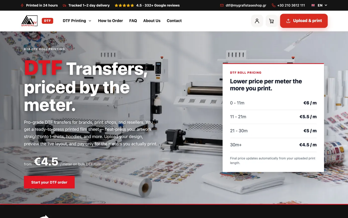 B2B e-shop DTF Mygrafistas με κλιμακωτές τιμές ανά μέτρο
